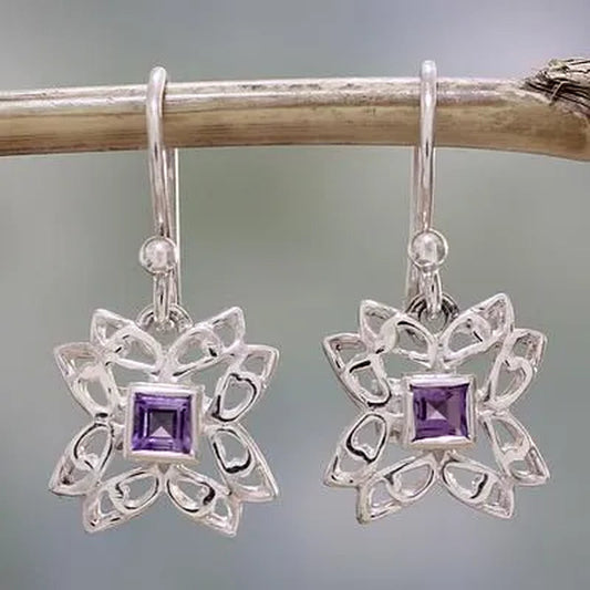 925 Sterling Silver Purple Amethyst Diamond Gemstones Birthstone Ear Studs Earring Bride Princess Wedding Engagement