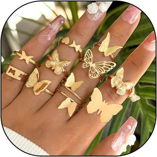 Gold Rings for Women Boho Chunky Cubic Zirconia Butterfly Pearl Heart Knuckle Rings Geometric Dome Star Leaf Statement Rings Trendy Jewelry Gifts