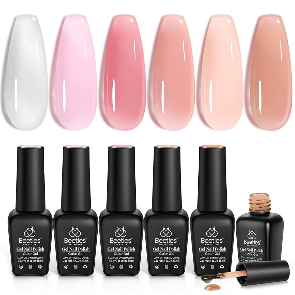 Beetles Gel Nail Polish Set, 6 Colors Jelly Gel Polish Nude Pink Gel Neutral Nail Art Design Translucent Gel Nail Kits Soak Off Uv Nail Lamp Cured Nail Manicure DIY Home for Women