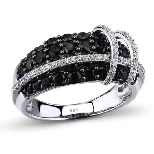 Fashion Women Creative Cross Cross Zircon Ring Black and White Bicolor Zircon Ring Engagement Rings for Women Princess Jewelry Lovely Girl Birthday Party Anniversary Gift Size: 5-11