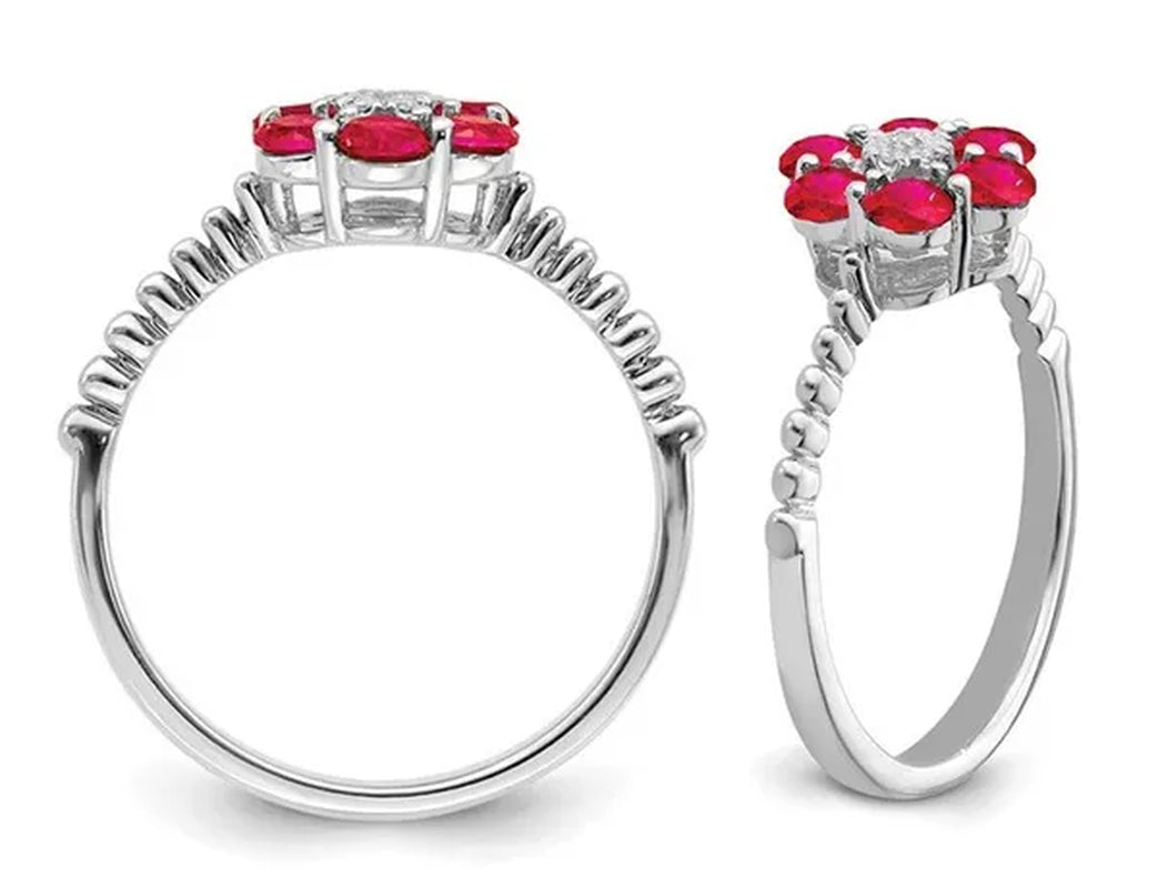 9/10 Carat (ctw) Natural Ruby Flower Ring in 14K White Gold