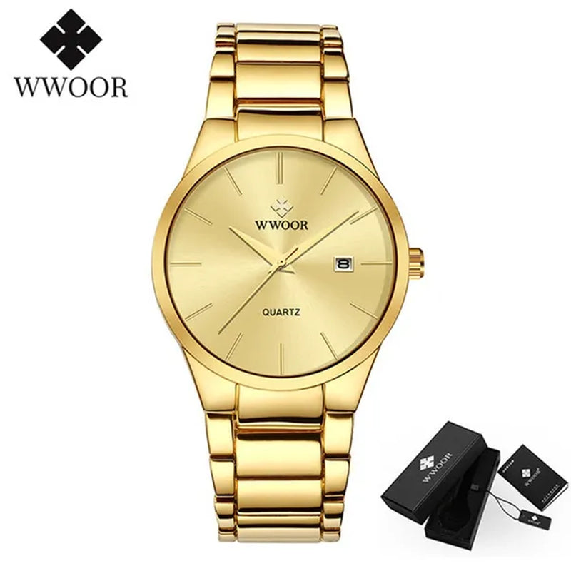 relojes hombre 2020 WWOOR Gold Watch Men Luxury Mens Quartz Wristwatch Business Watch Stainless Steel Waterproof Auto Date Clock with gift box