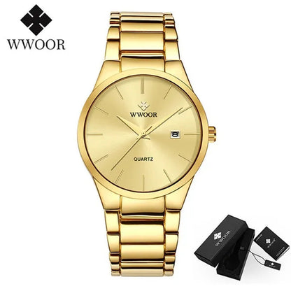 relojes hombre 2020 WWOOR Gold Watch Men Luxury Mens Quartz Wristwatch Business Watch Stainless Steel Waterproof Auto Date Clock with gift box