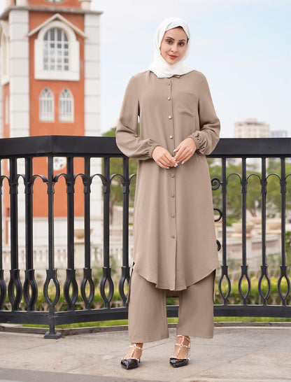 Abayas for Women Muslim Long Sleeve Button Shirt and Pants 2 Pieces Sets Dubai Islamic Prayer Casual Ramadan Outfits