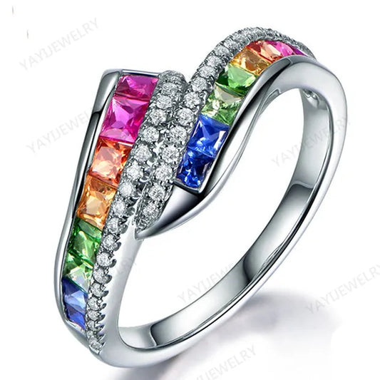 Princess  silver cut Ruby Emerald & Sapphire & Topaz & Ruby Multicolor Natural Gemstone Engagement Bride Ring Jewelry