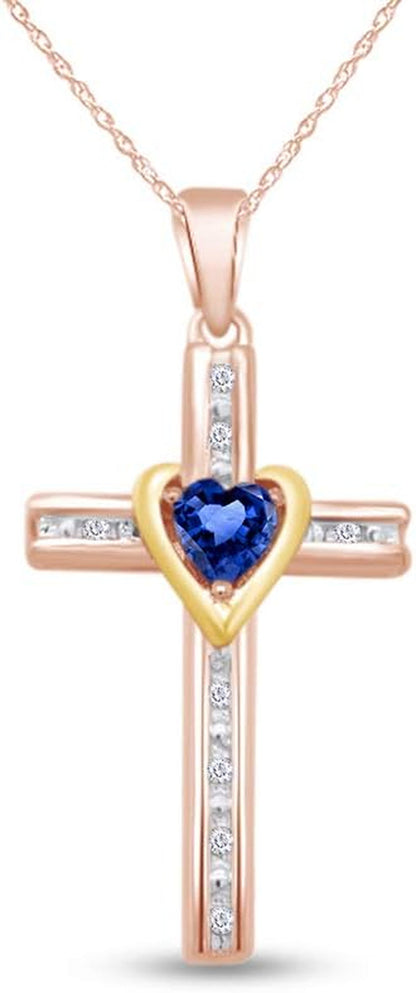 Simulated Blue Sapphire & Natural Diamond Cross Pendant Necklace Intwo-Tone Gold over Sterling Silver