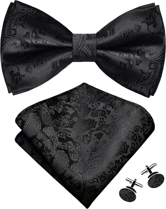 Mens Paisley Bow Tie Handkerchief Jacquard Woven Adjustable Pre-Tied Bowties Pocket Square Cufflinks Set