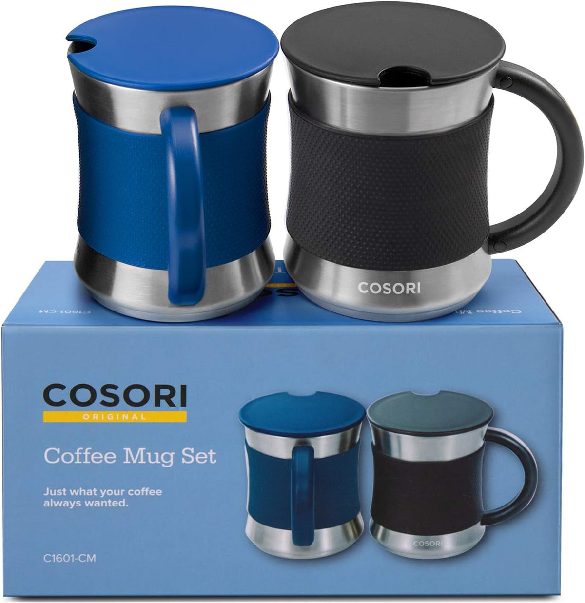 Coffee Mug with Lids Set of 2, Stainless Steel Cups with Heat-Resistant Handle & Slip-Resistant Sleeve, 17 Oz, Best Match W/Mug Warmer, for Coffee,Tea,Water,Cocoa, Milk, C1601-CM, Black & Blue