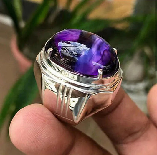 Solid 925 Sterling Silver Natural Purple Amethyst Gemstone Mens Ring Jewelry