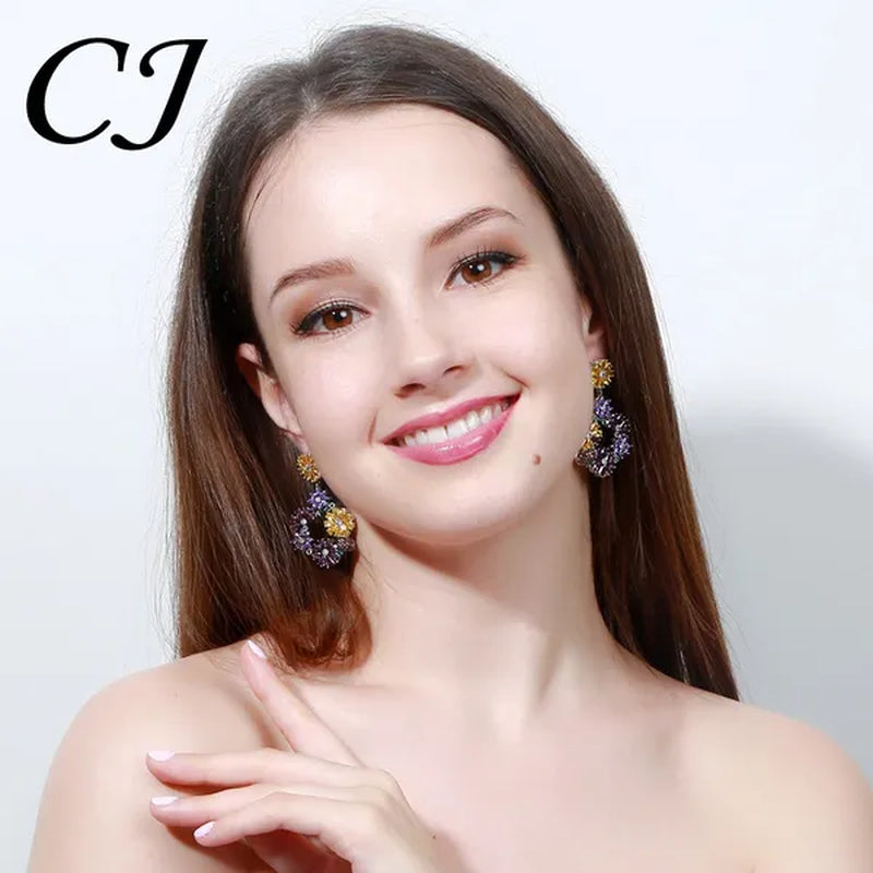 CANDICE Noble Purple Crystal Big Long Dropping Earrings Setting White Gold Plated Yellow Cubic Zirconia Graceful Floral Women Prom Party Jewelry With Sterling Silver Plated