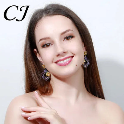 CANDICE Noble Purple Crystal Big Long Dropping Earrings Setting White Gold Plated Yellow Cubic Zirconia Graceful Floral Women Prom Party Jewelry With Sterling Silver Plated