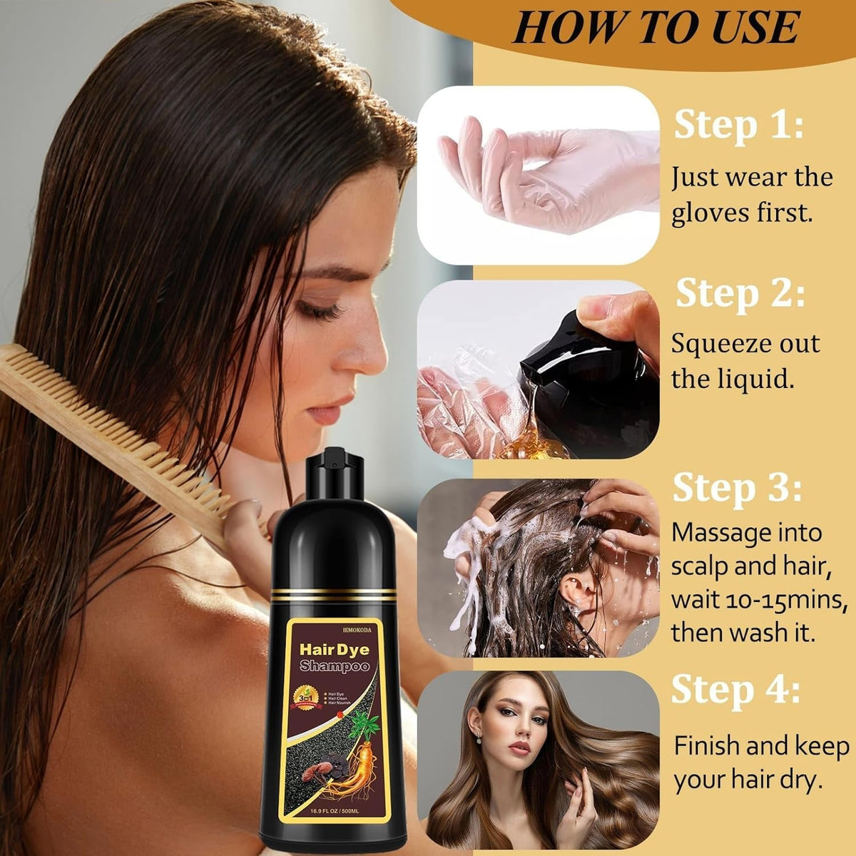Instant Light Brown Hair Dye Shampoo for Gray Hair 3 in 1, Natural Hair Color Shampoo for Women Men Brown Colors in 10-15 Mins, 100% Coverage Long Lasting Hair Dye 16.9 Fl Oz (Light Brown)