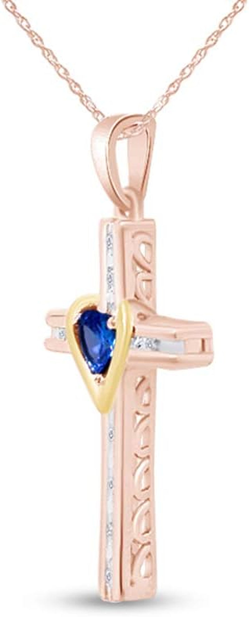 Simulated Blue Sapphire & Natural Diamond Cross Pendant Necklace Intwo-Tone Gold over Sterling Silver