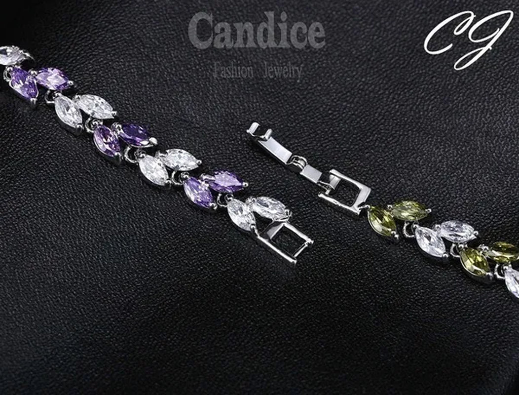 CANDICE 100% Real Silver Female Jewelry Simple Leaf Shape Multicolor Cubic Zirconia Strand Bracelet For Lady