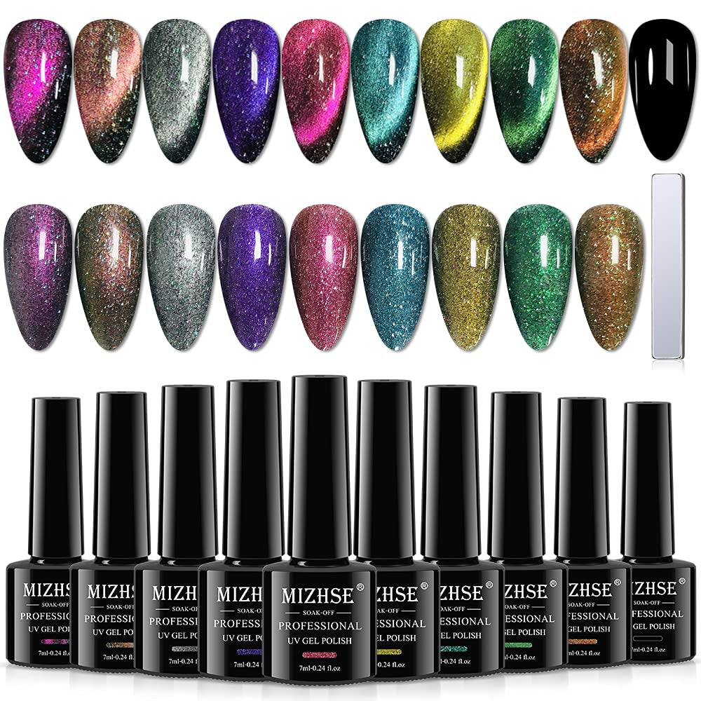 9D Cat Eye Gel Nail Polish, Magnetic Cat Eye Gel Polish Set, 10ml*6 with 2 Magnets, Classic Colors Chameleon Magic Galaxy Effect Soak off Nail Art - Sparkle Stunning Gel Polish Gift for Women