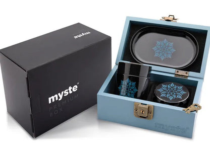 MYSTE BLUE MANDALA Stash Box Smell Proof Set, Grinder Large 2.5'' (63mm), Premium Combo Stashbox Kit, Wooden With Accessories
