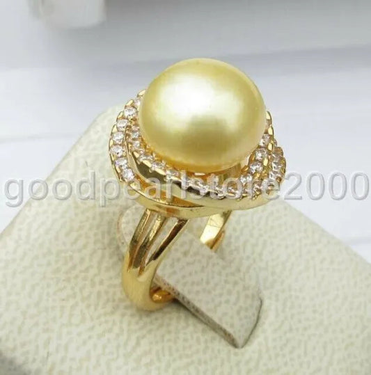 Charming 12-13mm South Sea Genuine Yellow Pearl Ring Size Adjustable
