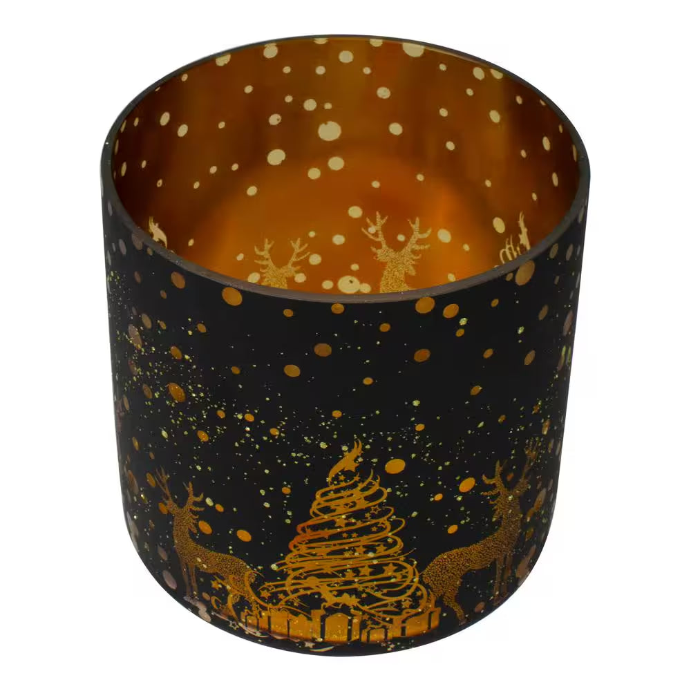 6 In. Black and Gold Deer and Pine Trees Flameless Glass Candle Holder