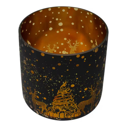 6 In. Black and Gold Deer and Pine Trees Flameless Glass Candle Holder