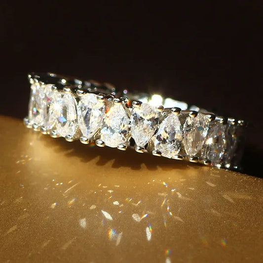 Luxurious  Silver Natural Gemstones White Sapphire Wedding Birthstone Bride Flower Engagement Ellipse Drop Ring Jewelry Size 6 7 8 9 10