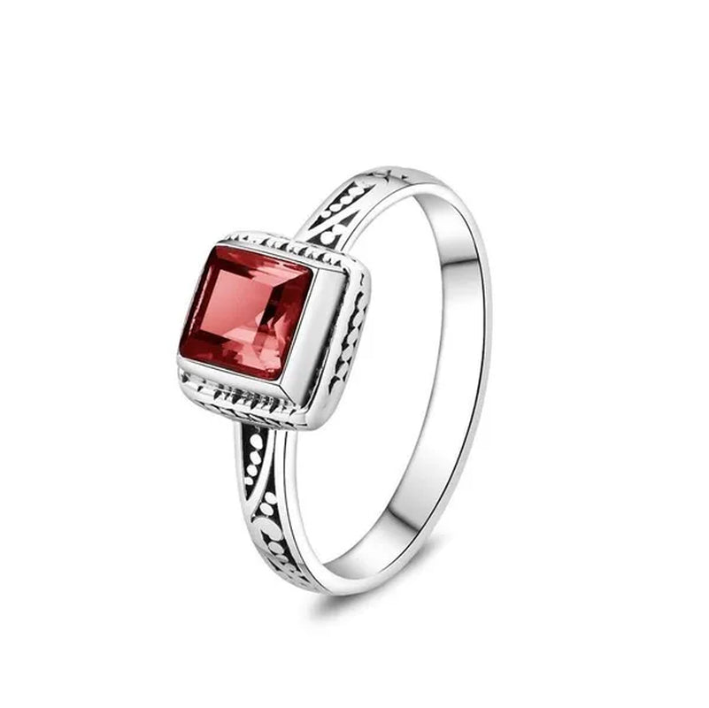Vintage 925 Sterling Silver Cube Blood Red Rubine Gemstone Diamond Rings