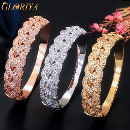 Gloriya Dubai Fashion Women Jewelry Full Micro Pave Tiny Bling AAA Cubic Zirconia Gold Rose Silver Plated Open Cuff Bangle Tennis Bracelet for Prom Party