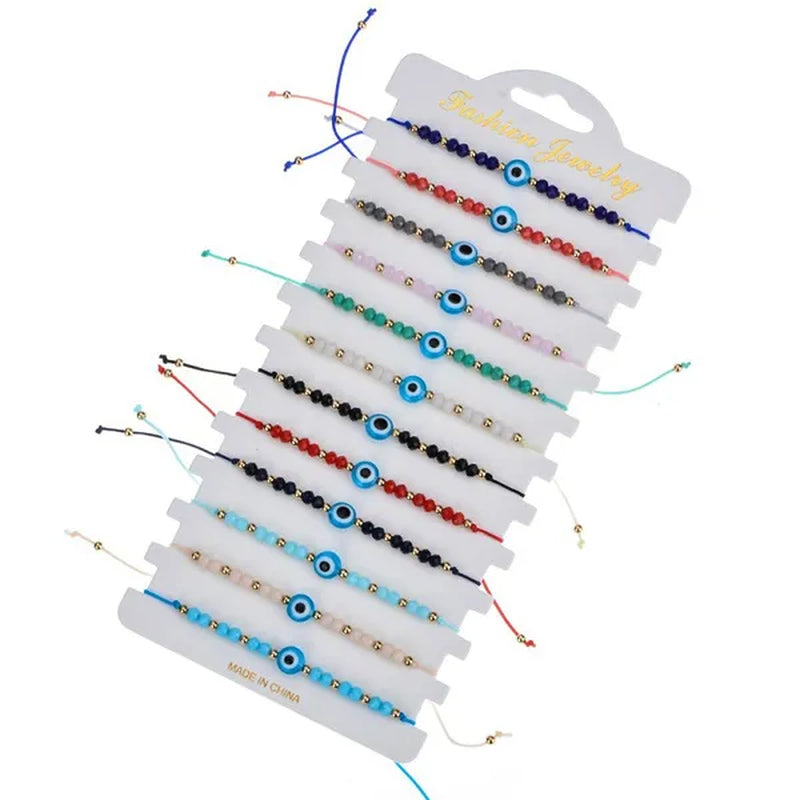 12 Pcs/Lot Fashion Colorful Evil Eye Beaded Bracelets Handmade Braided Adjustable Yoga Bracelet for Women Men Jewelry