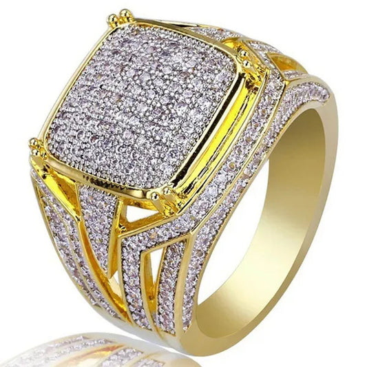 Fashion Unisex Jewelry Hiphop Cocktail Party Ring with Gold Plated Cz Diamond Finger Ring Size 6-10