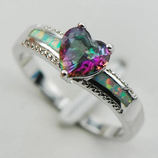 Rainbow Topaz White Fire Opal 925 Sterling Silver Ring Size 6 7 8 9 10 R1202