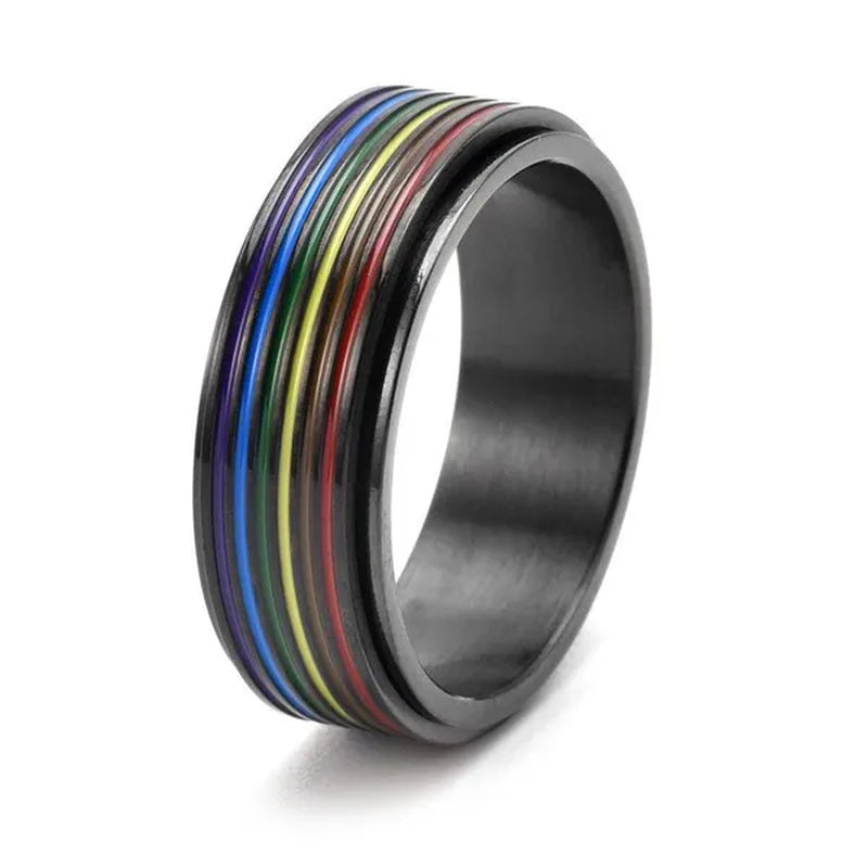 Women Men Multicolor Stripes of Rainbow Stainless Steel Spinner Ring Gay Lesbian LGBT Pride Rings Engagement & Wedding Band Valentines Gift Silver / Gold / Black Size 6-12