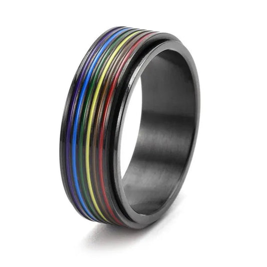 Women Men Multicolor Stripes of Rainbow Stainless Steel Spinner Ring Gay Lesbian LGBT Pride Rings Engagement & Wedding Band Valentines Gift Silver / Gold / Black Size 6-12