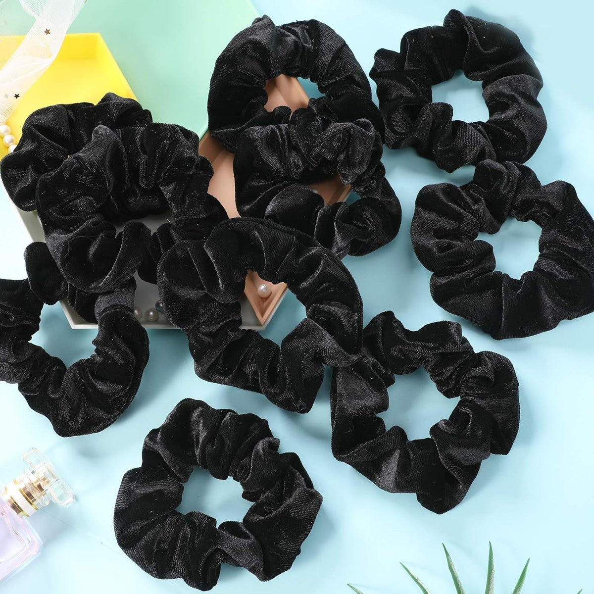 Scrunchies for Women, 12 Pcs Black Velvet Scrunchies for Hair, Soft Ponytail Holder for Girls, Classic Elastic Hair Bands