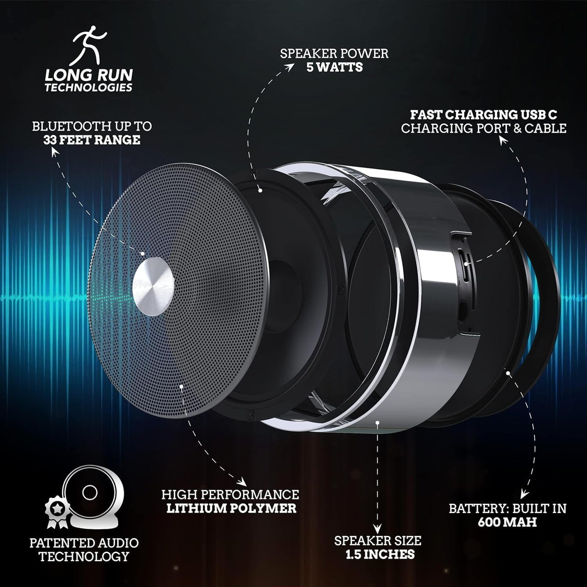 Bluetooth Speaker Set: Wireless Stereo Dual Pairing Portable Twin TWS System with Big Rich Bass Hi-Fi Multi-Room Indoor Outdoor Use Home Deck Pool Work Travel Party Camping Gift Decor Idea (Chrome)