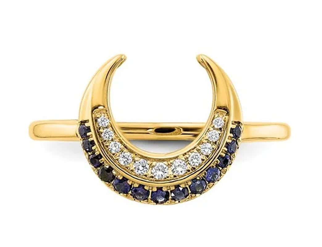 1/8 Carat (ctw) Natural Blue Sapphire Moon Ring in 14K Yellow Gold with Accent Diamonds