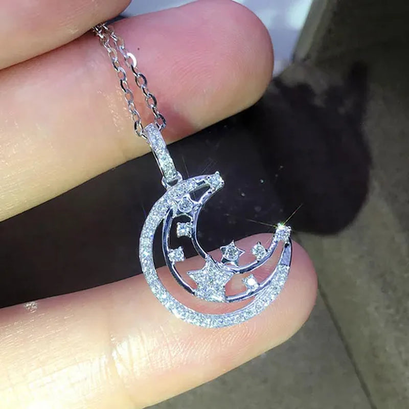 New Luxury Hollow Out Half Moon Zircon Pendant Necklace Silver Plated Engagement Wedding Elegant Clavicle Necklace for Women Fashion Necklaces Anniversary Gift