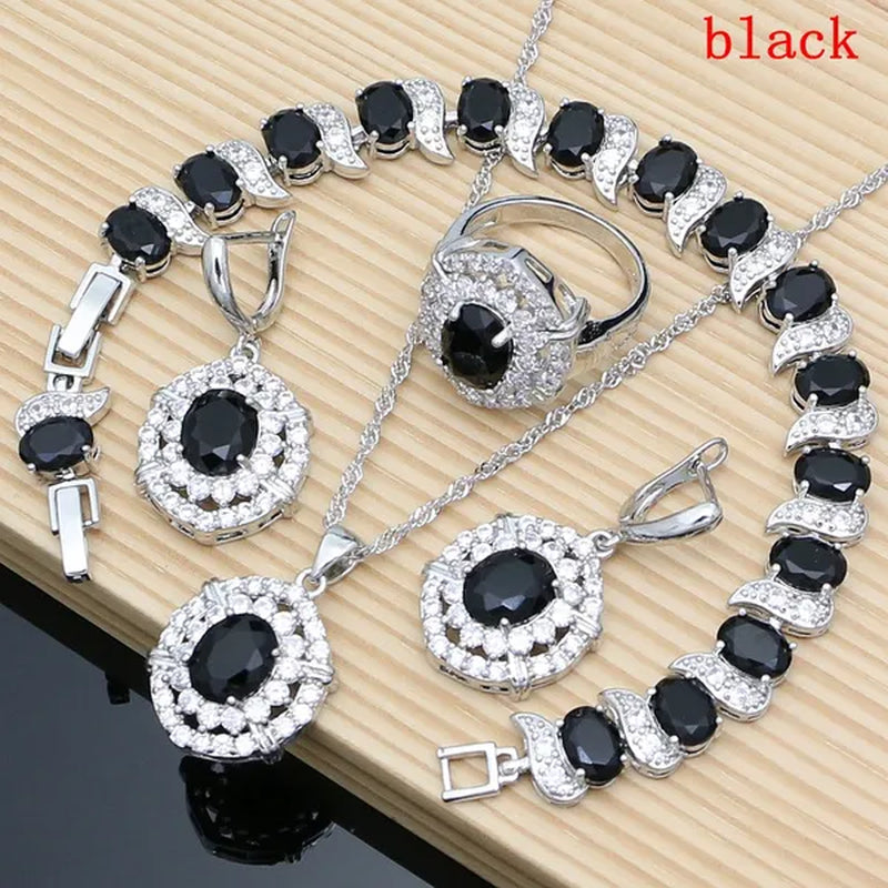 Oval 925 Silver Party Jewelry Sets blue sapphire White CZ Earrings Pendant Necklace Rings Bracelet Gift For Women