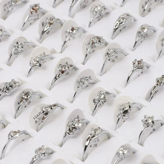 10Pcs/Lot Mixed Cubic Zirconia Women'S Silver Plated Rings Wholesale Lots Bulk Job Resale Fashion Jewelry Party Wedding Xmas Gift