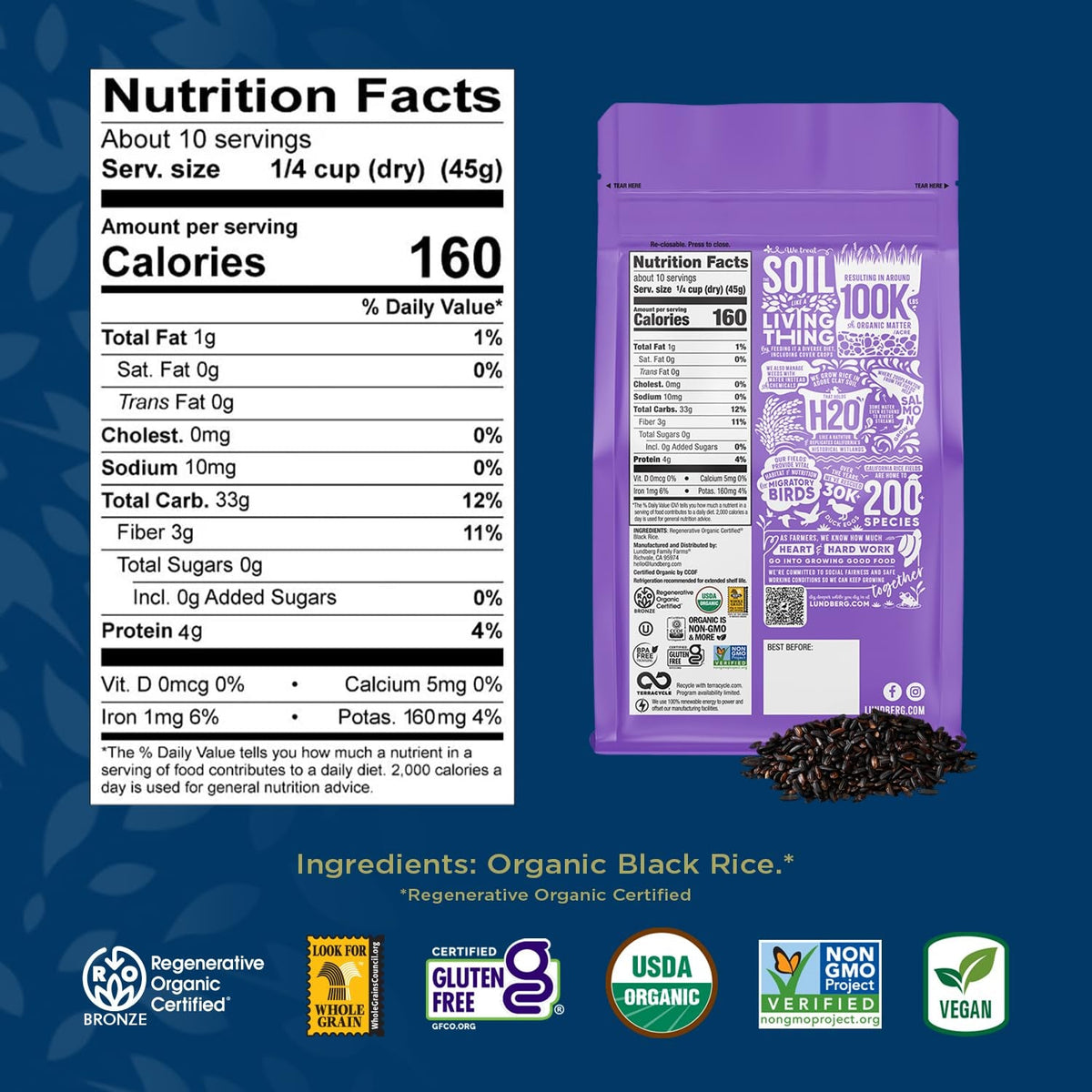 Black Pearl Rice, Regenerative Organic Certified – Full-Bodied Black Rice, Responsibly Grown in California, 16 Oz
