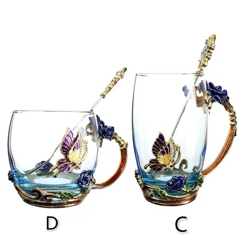 Red Blue Rose Enamel Crystal Cup Flower Tea Cup Butterfly Glass Water Cups Flower Mug with Spoon Set Perfect Gift for Lover Wedding