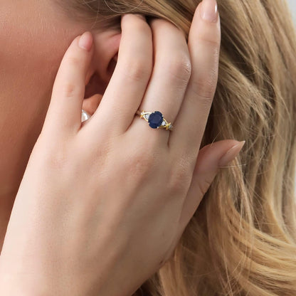 10K Yellow Gold and 925 Sterling Silver Blue Sapphire and White Lab Grown Diamond Engagement Ring for Women | 1.88 Cttw | Oval 8X6MM | Ring Size 5-9