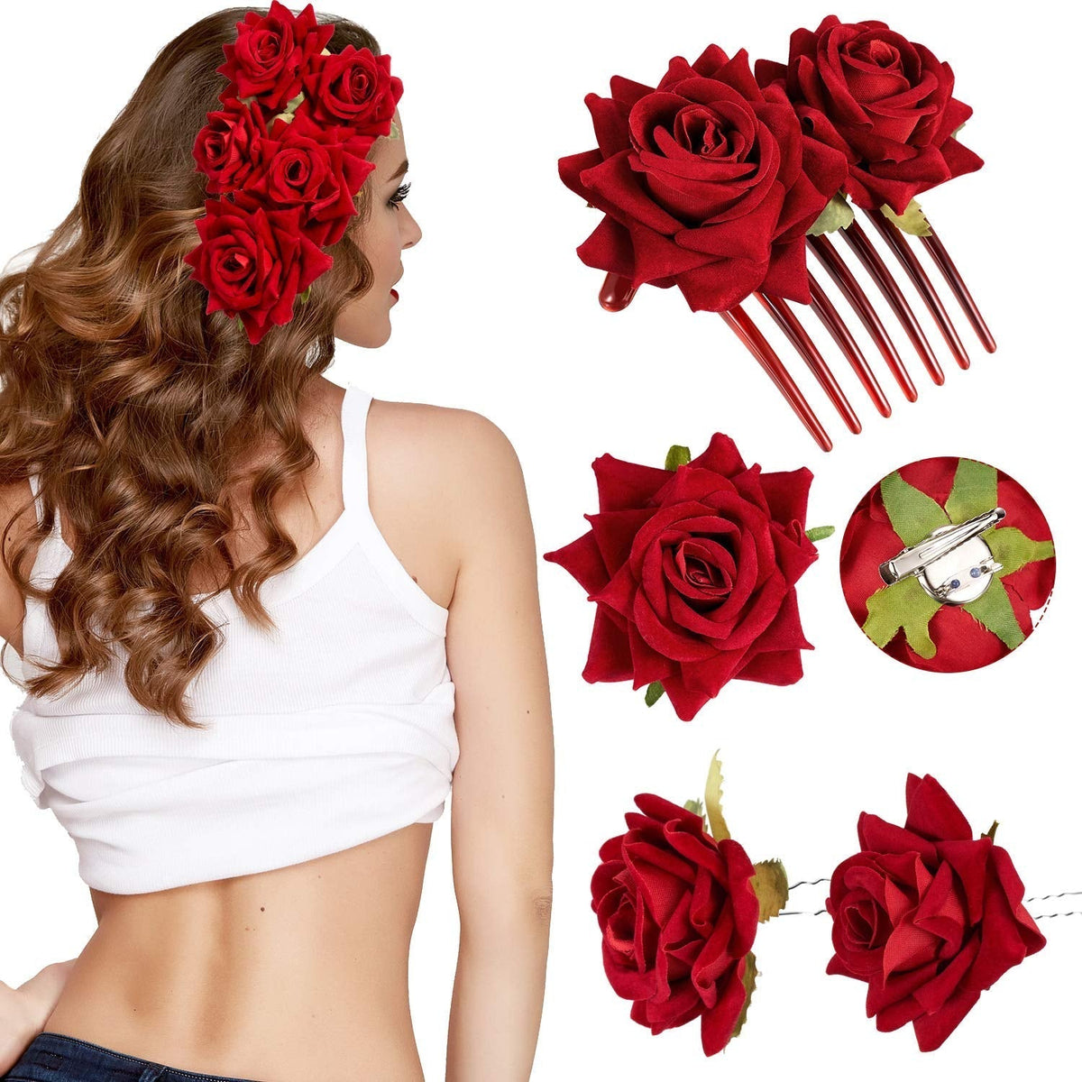 4 Pieces Rose Flower Hair Clip Big Rose Brooch Floral Clips Mexican Flower Hair Accessories for Woman Flamenco Dancer Bridal Party Wedding