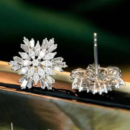 Trendy Silver Plated Micro Pave Crystal Lab Diamond Snowflake Flower Stud Earrings for Women Engagement Wedding Jewelry Gift