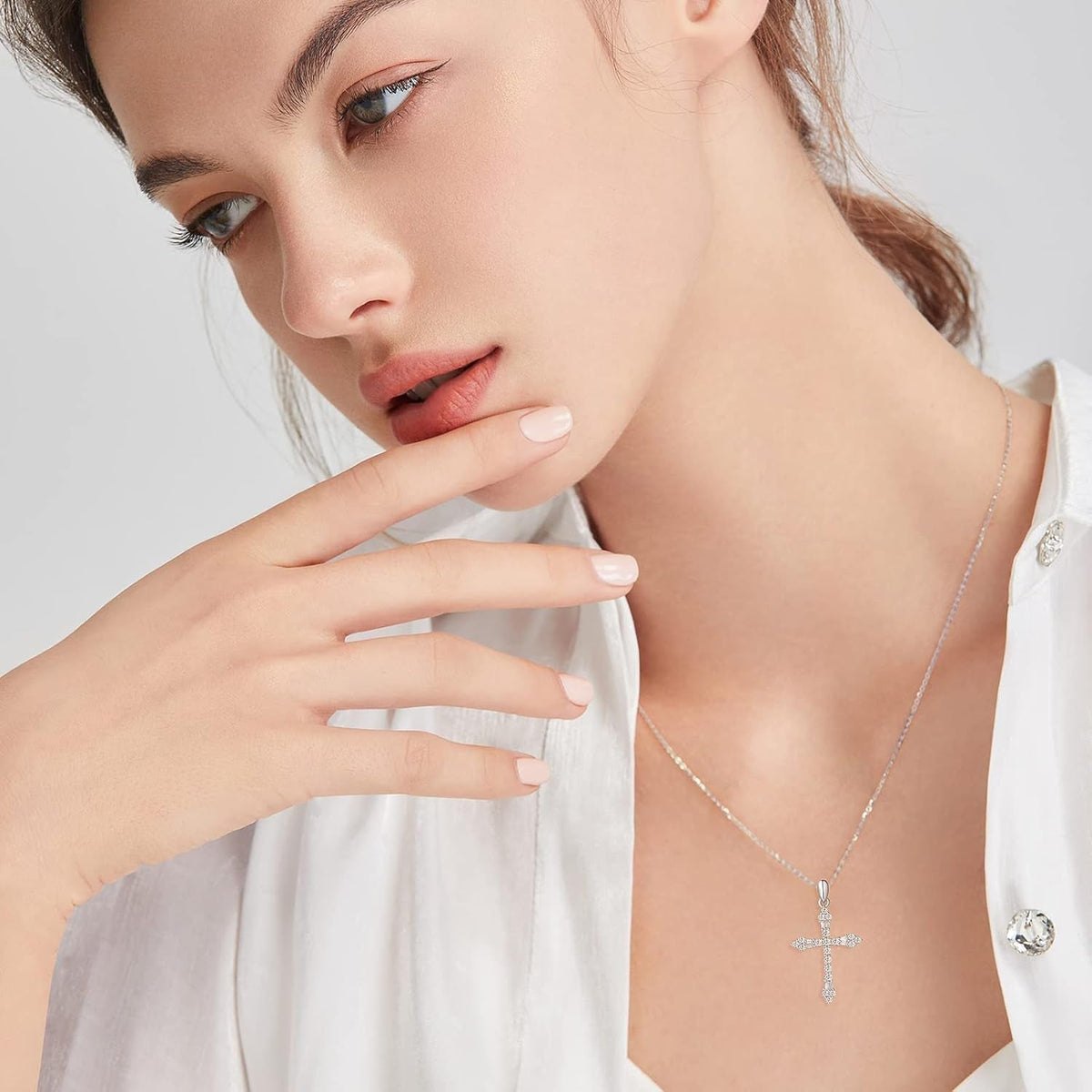 Cross Necklace for Women 925 Solid Sterling Silver Cubic Zirconia Flower Budded Cross Princess Pendant for Women, 18" Extender