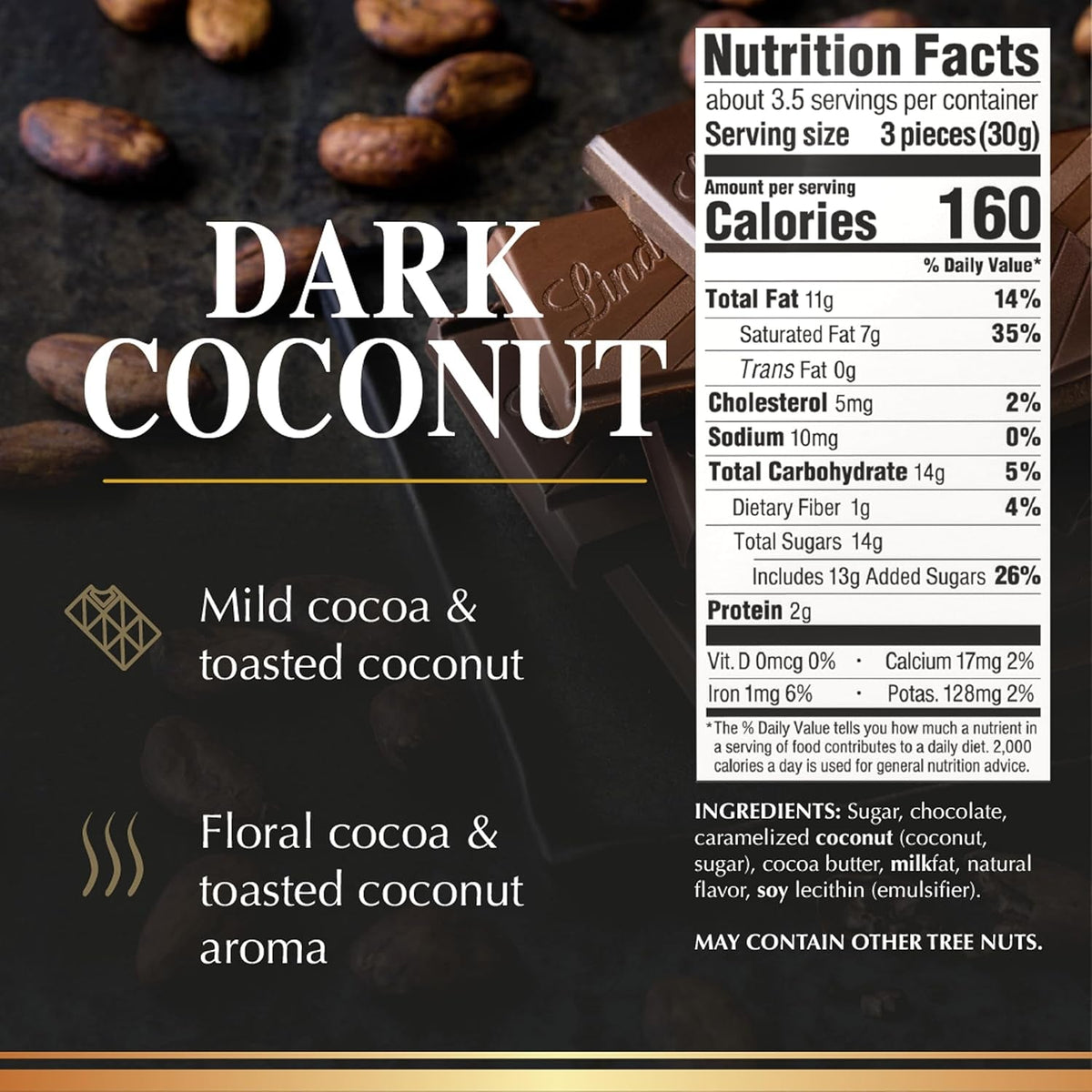 EXCELLENCE Coconut Dark Chocolate Candy Bar, Dark Chocolate with Coconut Flakes, 3.5 Oz.