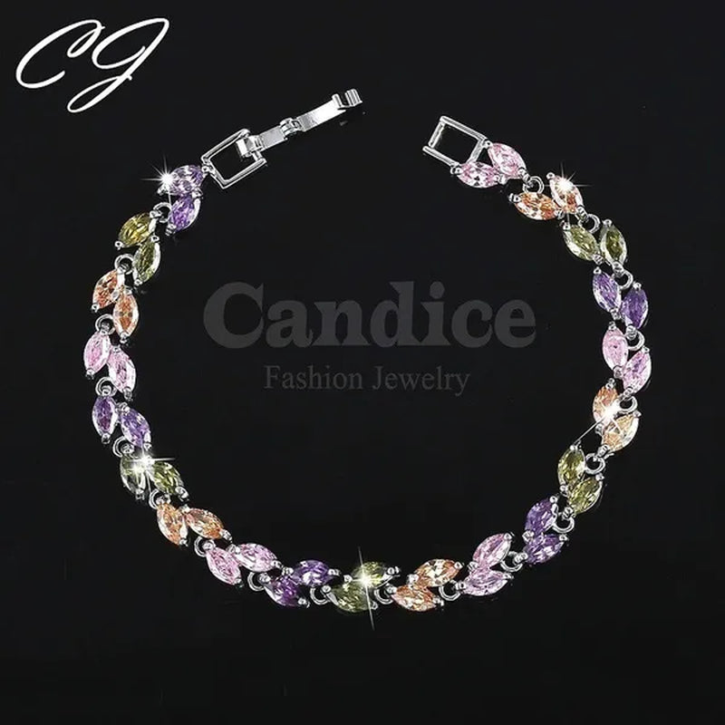 CANDICE 100% Real Silver Female Jewelry Simple Leaf Shape Multicolor Cubic Zirconia Strand Bracelet For Lady