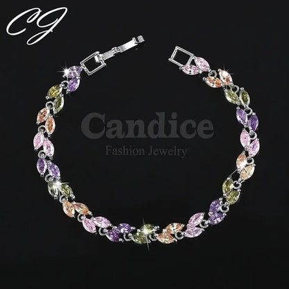 CANDICE 100% Real Silver Female Jewelry Simple Leaf Shape Multicolor Cubic Zirconia Strand Bracelet For Lady