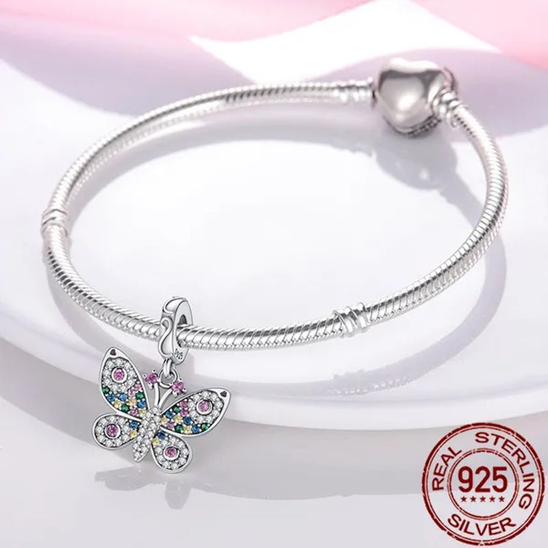 Fashion 925 Sterling Silver Flower Butterfly Pendant Charm Exquisite Colorful Zircon Charm Fit Women Bracelet Necklace DIY