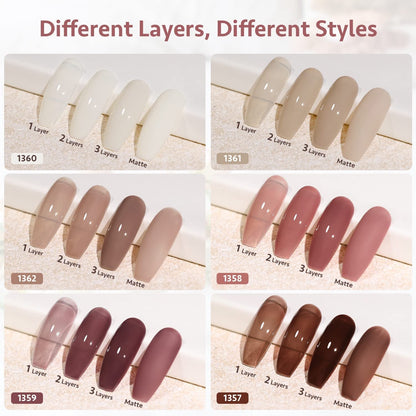 Jelly Milky White Gel Nail Polish Set, 6 Translucent Sheer Maroon UV Colors for Art Home DIY Manicure Kit