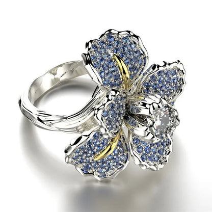Silver Ring Iris Flower Two Tone Ring Blue Sapphire Flower Engagement Cocktail Ring Statement Crown Ring Natural Gemstones Ring Wedding Bride Engagement Band Charm Party Ring Jewelry