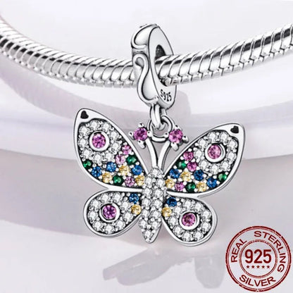 Fashion 925 Sterling Silver Flower Butterfly Pendant Charm Exquisite Colorful Zircon Charm Fit Women Bracelet Necklace DIY